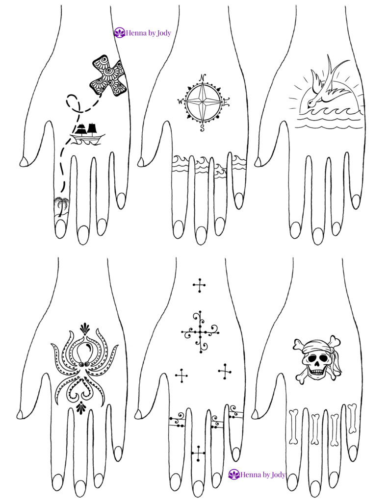 Six drawn hands with pirate themed henna designs