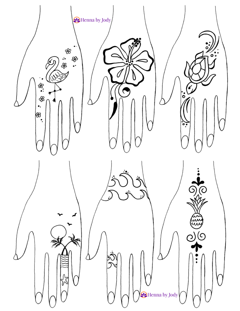 six drawn hands with tropical henna designs