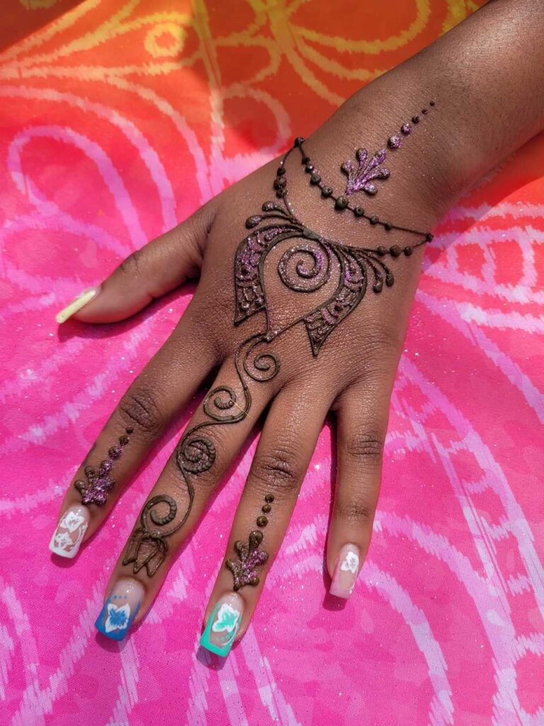Hand with traditional lotus henna design