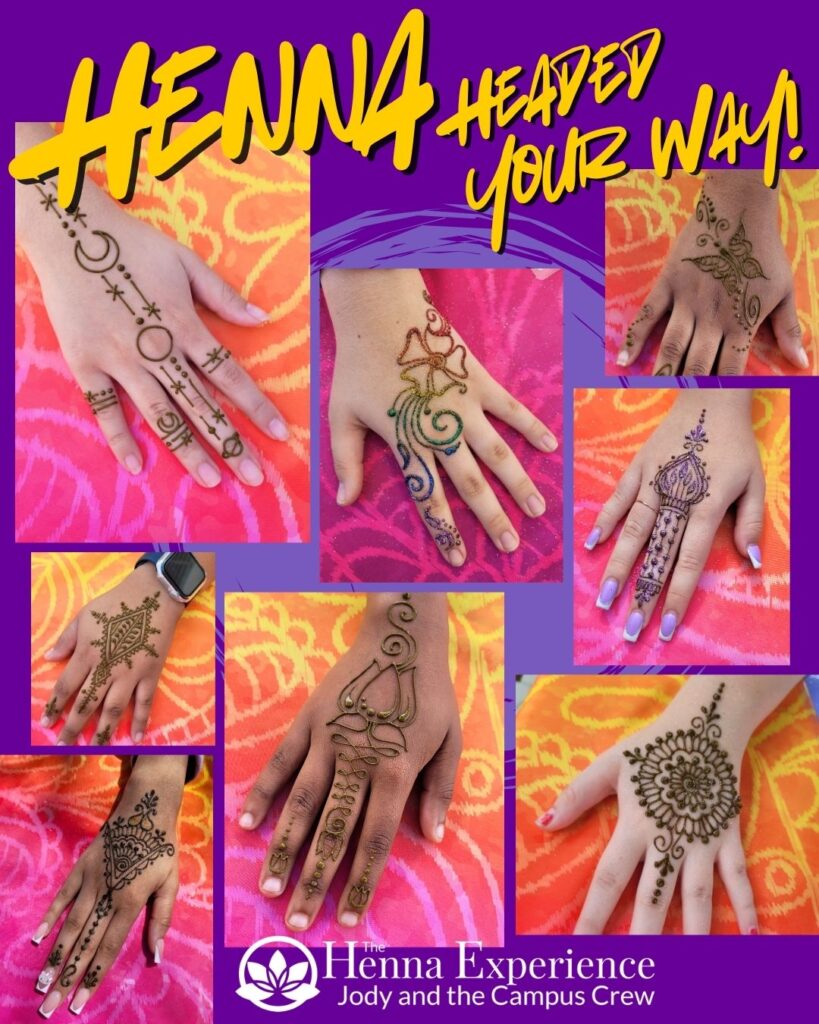 Samples of henna designs in Henna Headed Your Way graphic